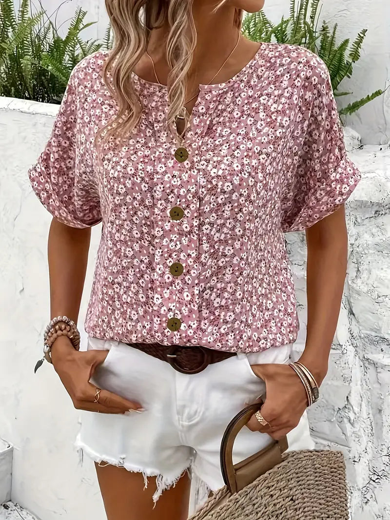 Women’s Short Sleeve Floral Button Front Blouse