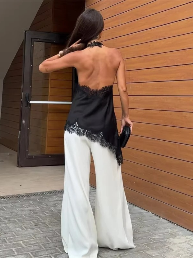 Women’s Sleeveless Lace Trim Halter Top