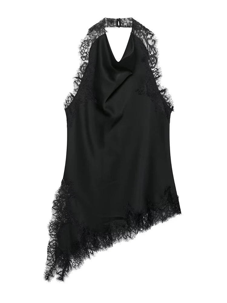 Women’s Sleeveless Lace Trim Halter Top