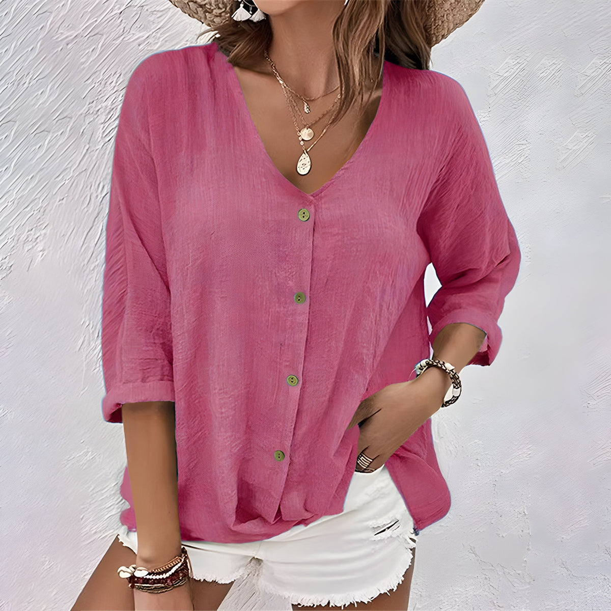 Women’s V-Neck Button Front Long Sleeve Shirt