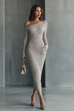 Women's Asymmetrical-Neckline Long-Sleeve Ribbed Knit Sweater Maxi Dress
