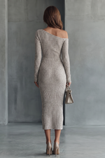 Women's Asymmetrical-Neckline Long-Sleeve Ribbed Knit Sweater Maxi Dress