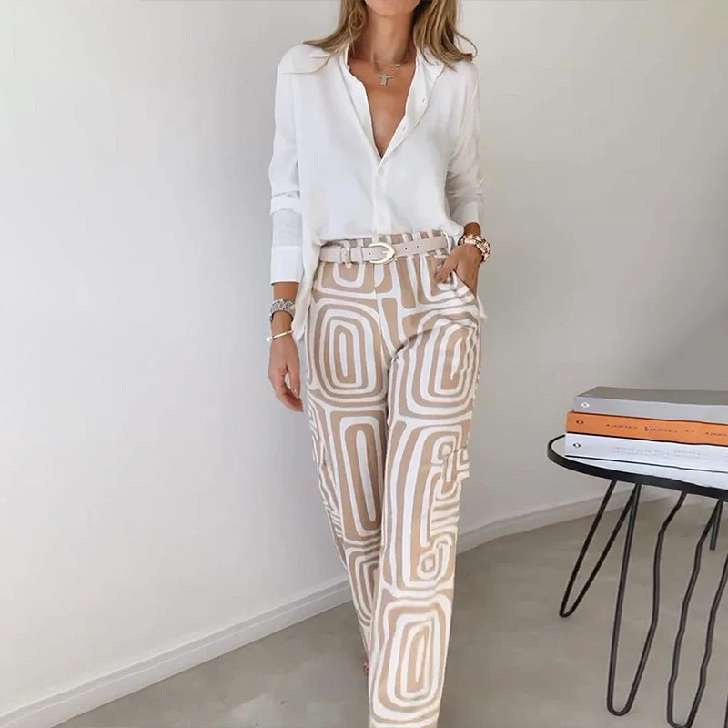 Women’s Blouse & Printed Wide Leg Pants 2 Piece Set