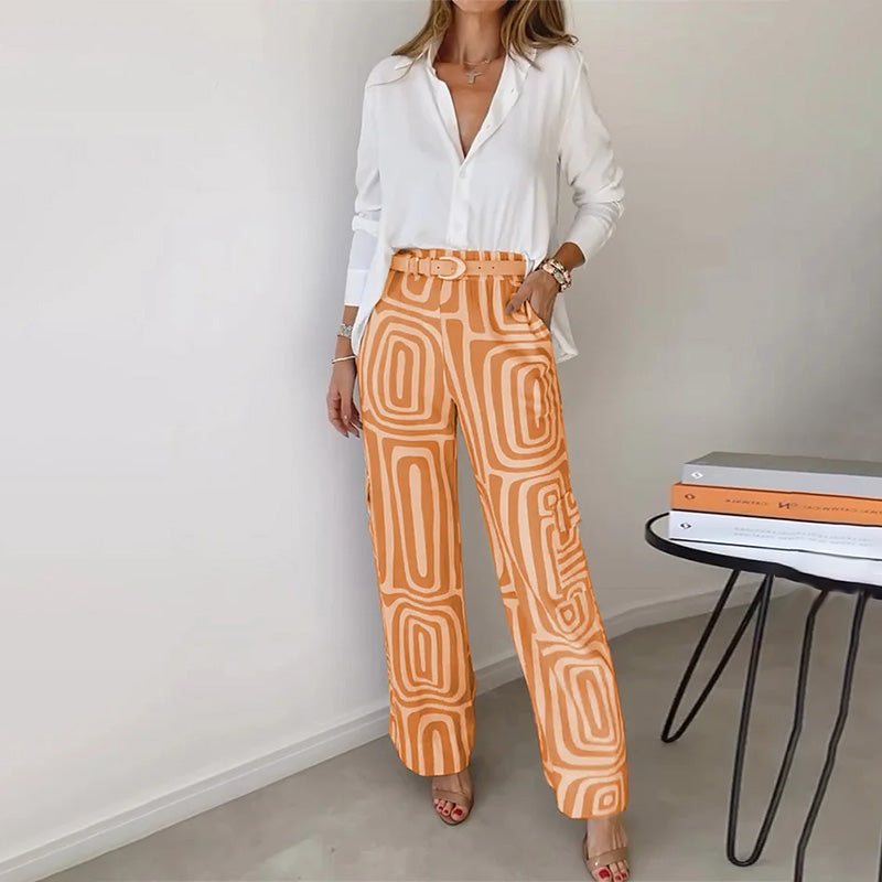 Women’s Blouse & Printed Wide Leg Pants 2 Piece Set