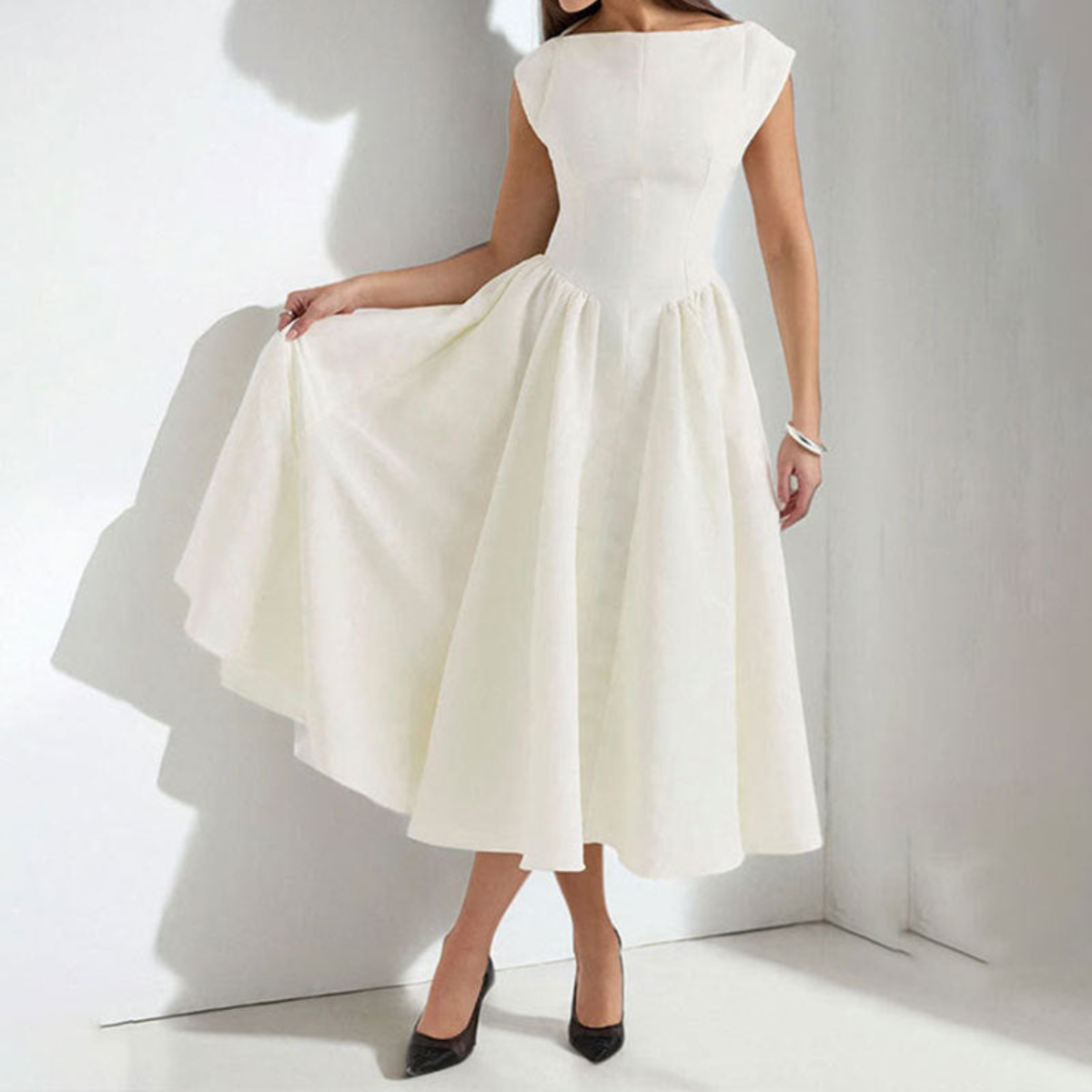 Women's Boat Neck Cap Sleeves Graduation Maxi Dress