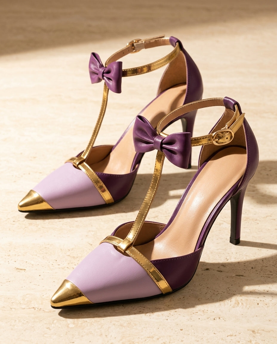 Women's Bow Ankle Strap T-Strap Pointed Toe Stiletto High Heels