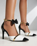 Women's Bow Ankle Strap T-Strap Pointed Toe Stiletto High Heels