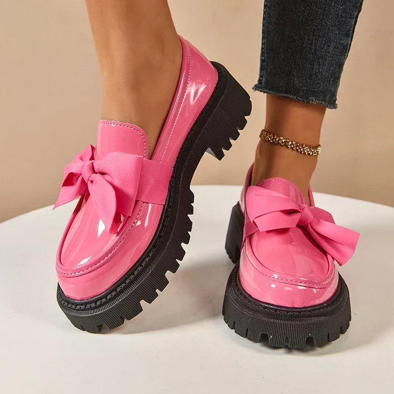 Women's Bow Platform Glossy Lug-Sole Loafers