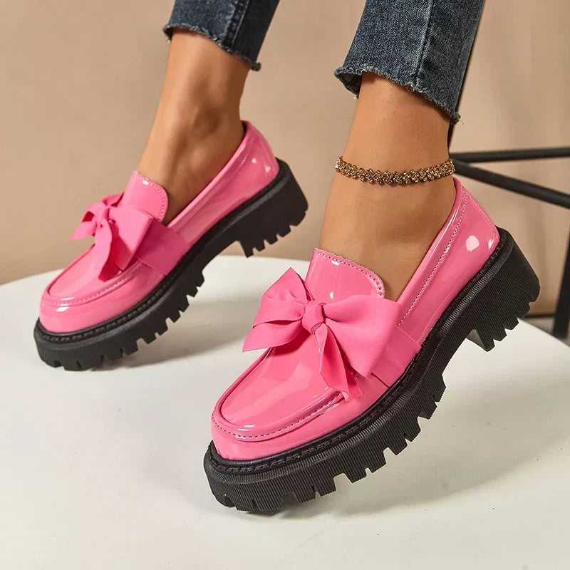 Women's Bow Platform Glossy Lug-Sole Loafers
