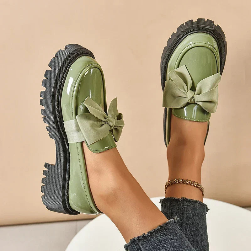 Women's Bow Platform Glossy Lug-Sole Loafers