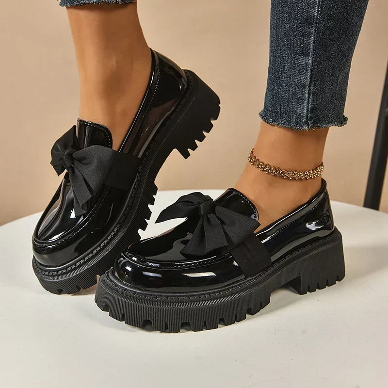Women's Bow Platform Glossy Lug-Sole Loafers