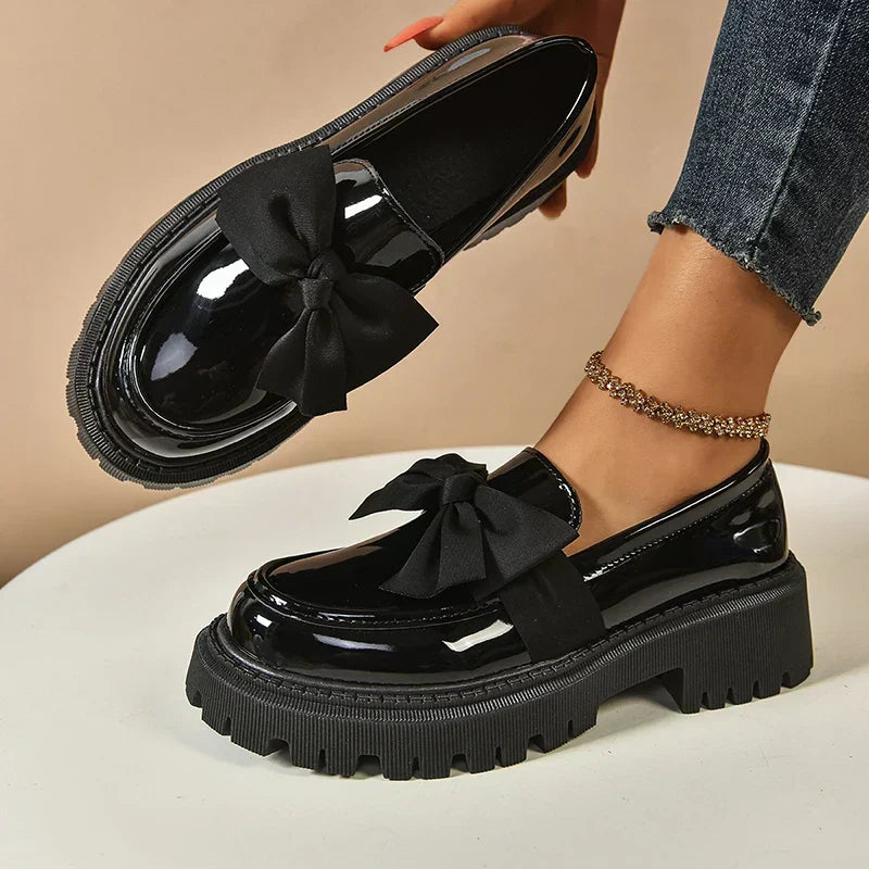 Women's Bow Platform Glossy Lug-Sole Loafers