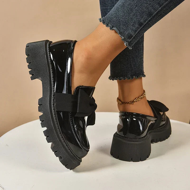 Women's Bow Platform Glossy Lug-Sole Loafers