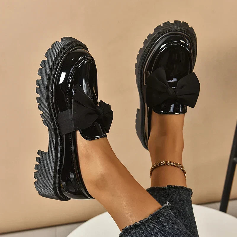 Women's Bow Platform Glossy Lug-Sole Loafers
