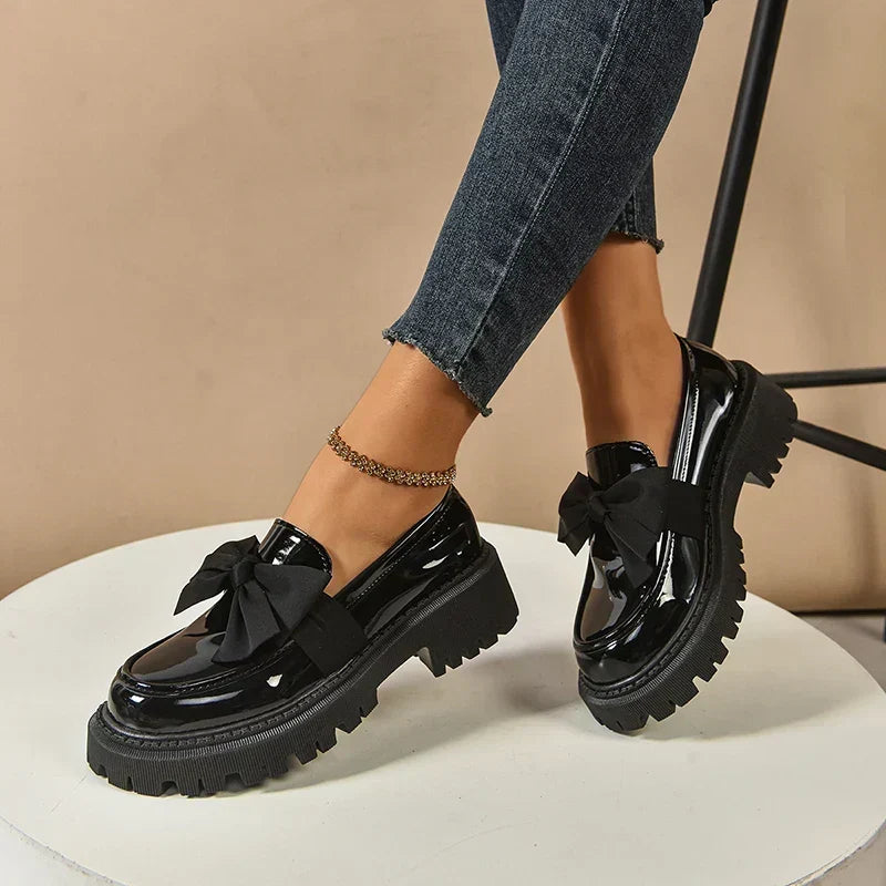 Women's Bow Platform Glossy Lug-Sole Loafers