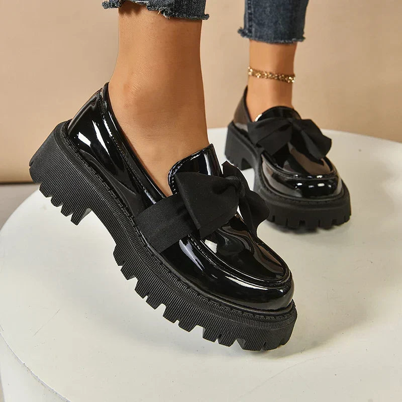 Women's Bow Platform Glossy Lug-Sole Loafers