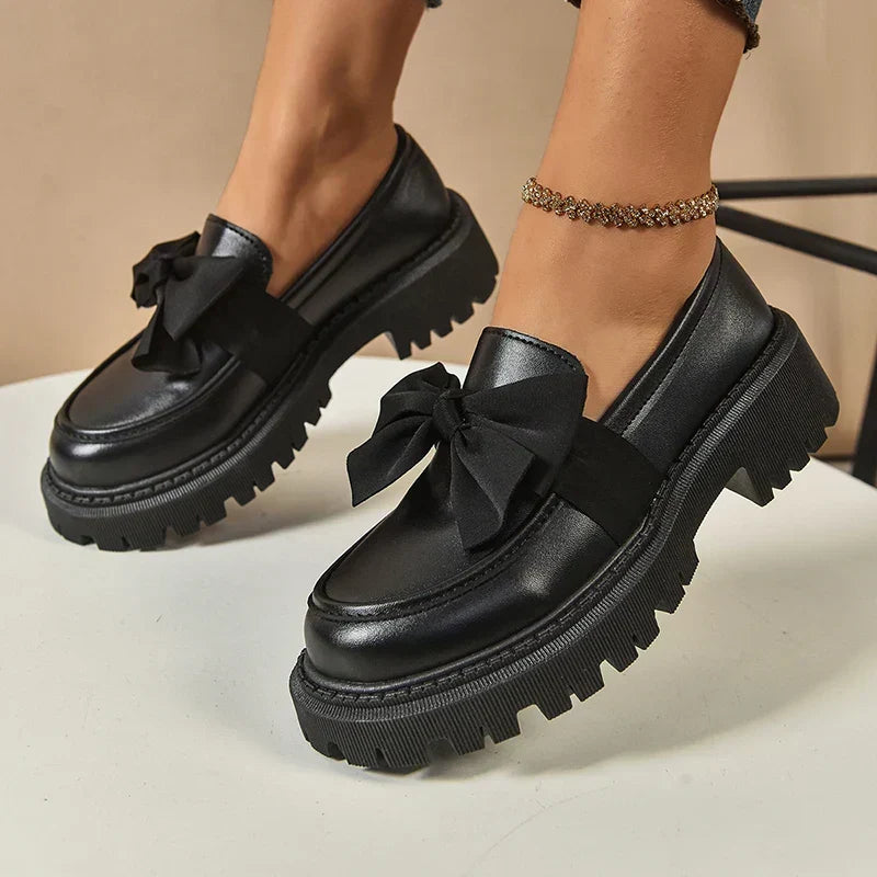 Women's Bow Platform Glossy Lug-Sole Loafers