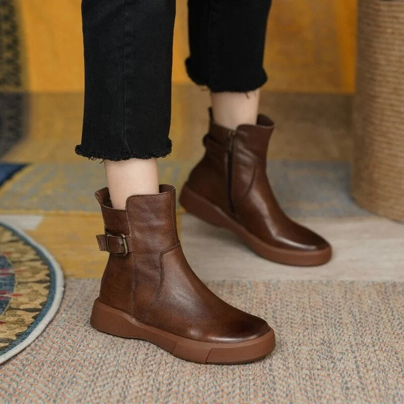 Women’s Buckle Strap Flat Ankle Boots