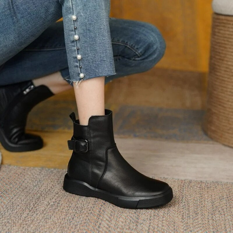 Women’s Buckle Strap Flat Ankle Boots
