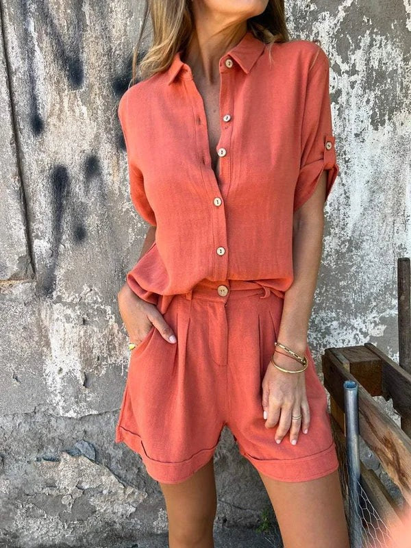 Women's Button-Down Short Sleeve Shirt and Pleated Shorts Summer Set