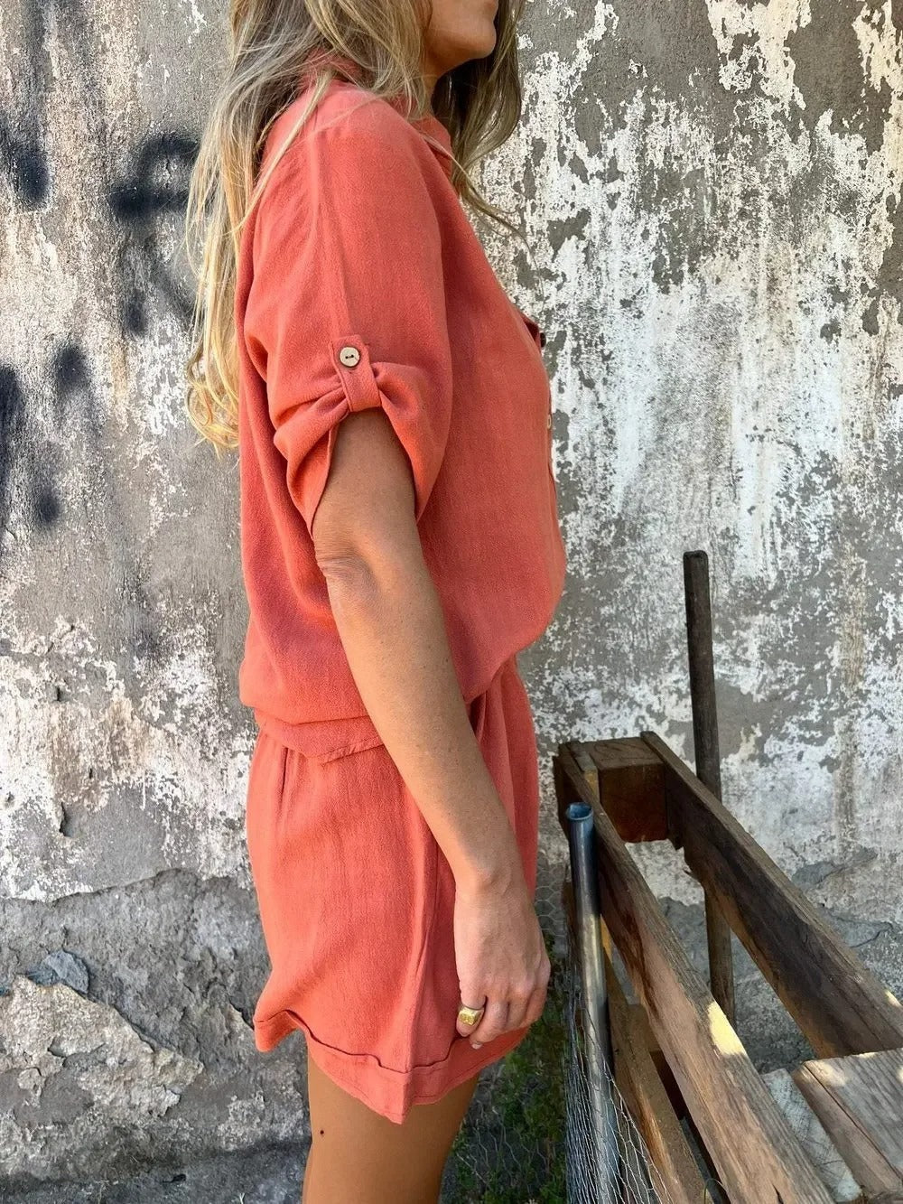 Women's Button-Down Short Sleeve Shirt and Pleated Shorts Summer Set