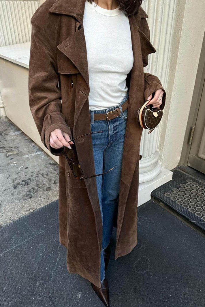 Women's Button Front Belted Waist Wide Lapels Double-Breasted Trench Coat