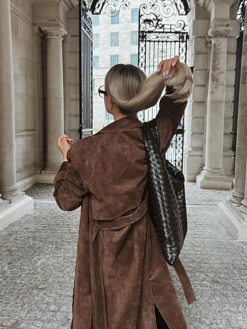 Women's Button Front Belted Waist Wide Lapels Double-Breasted Trench Coat