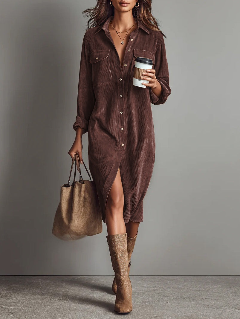 Women’s Button Front Corduroy Midi Shirt Dress