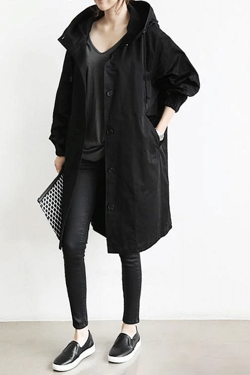 Women's Button Front Hooded Cuffs Windbreaker Trench Coat