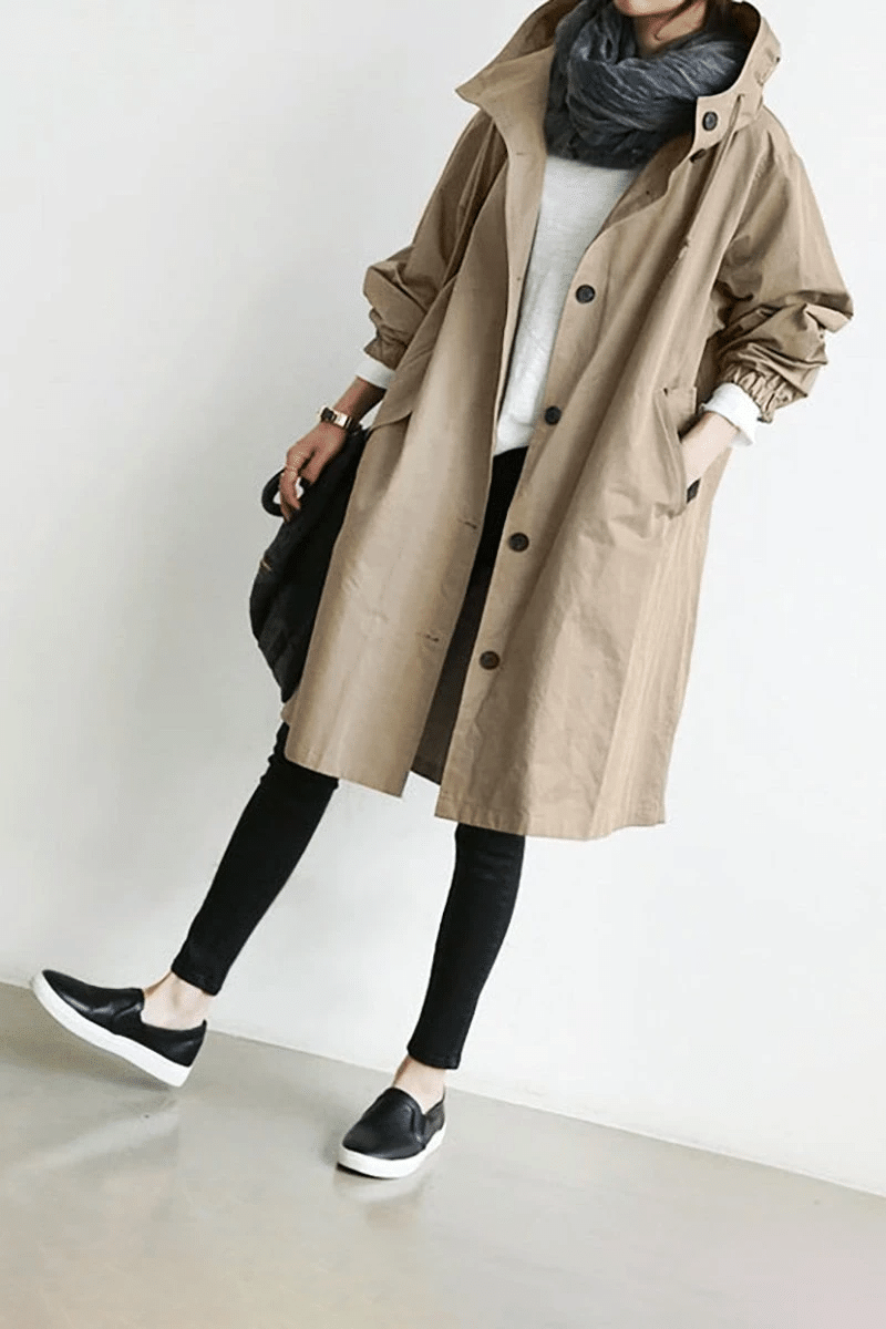 Women's Button Front Hooded Cuffs Windbreaker Trench Coat