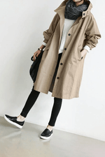 Women's Button Front Hooded Cuffs Windbreaker Trench Coat