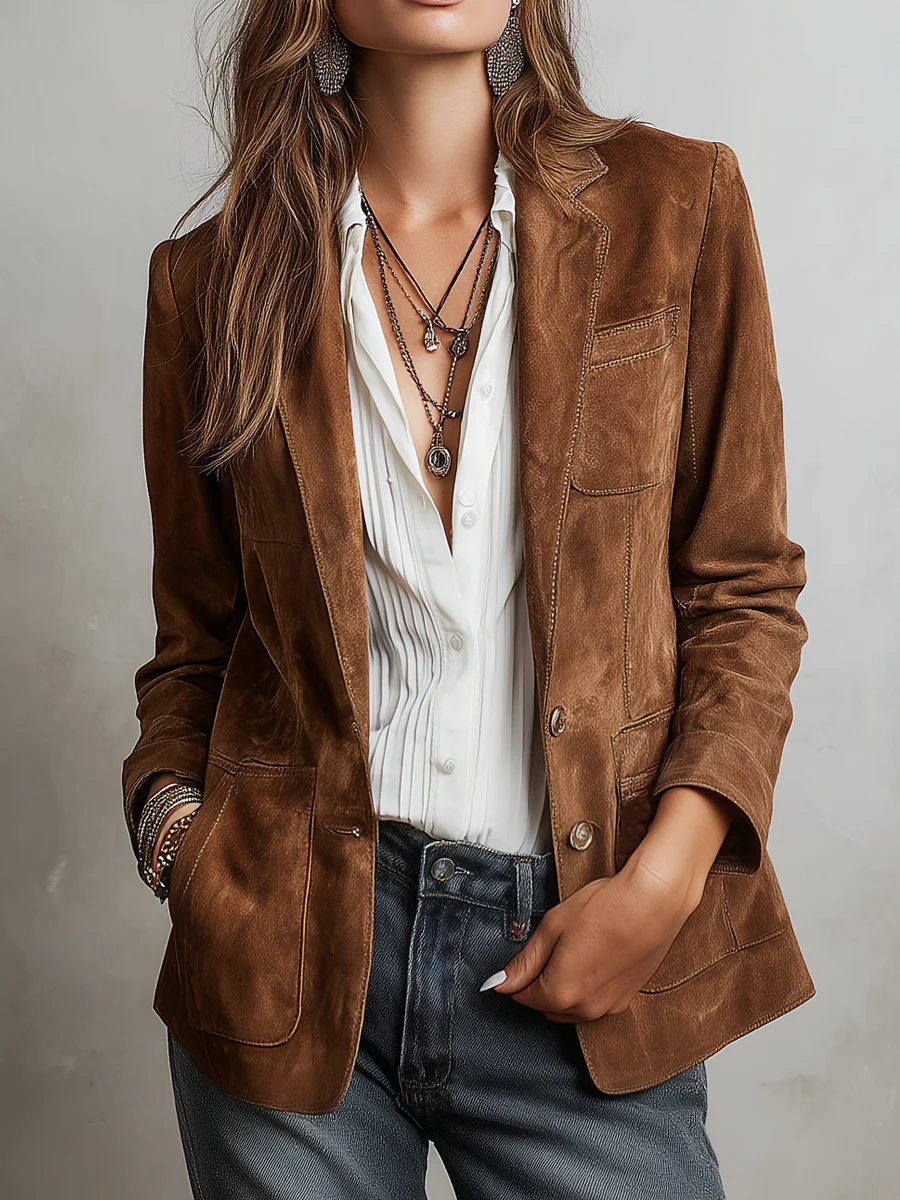 Women's Button Front Lapel Collar Patch Pockets Blazer