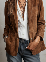Women's Button Front Lapel Collar Patch Pockets Blazer