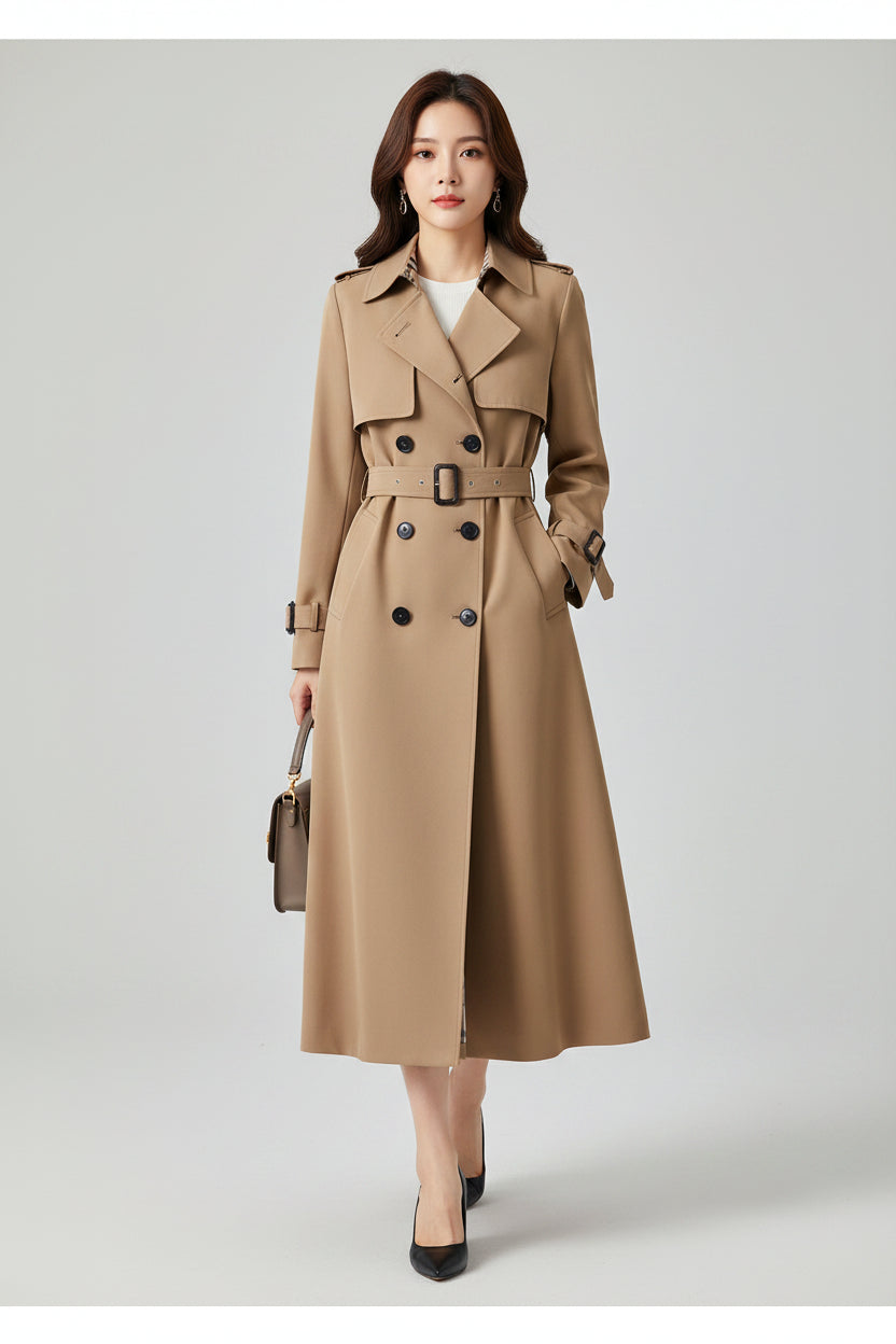 Women's Button Front Long Belted Waist Wide Lapels Double-Breasted Trench Coat