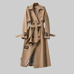 Women's Button Front Long Belted Waist Wide Lapels Double-Breasted Trench Coat