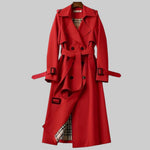 Women's Button Front Long Belted Waist Wide Lapels Double-Breasted Trench Coat