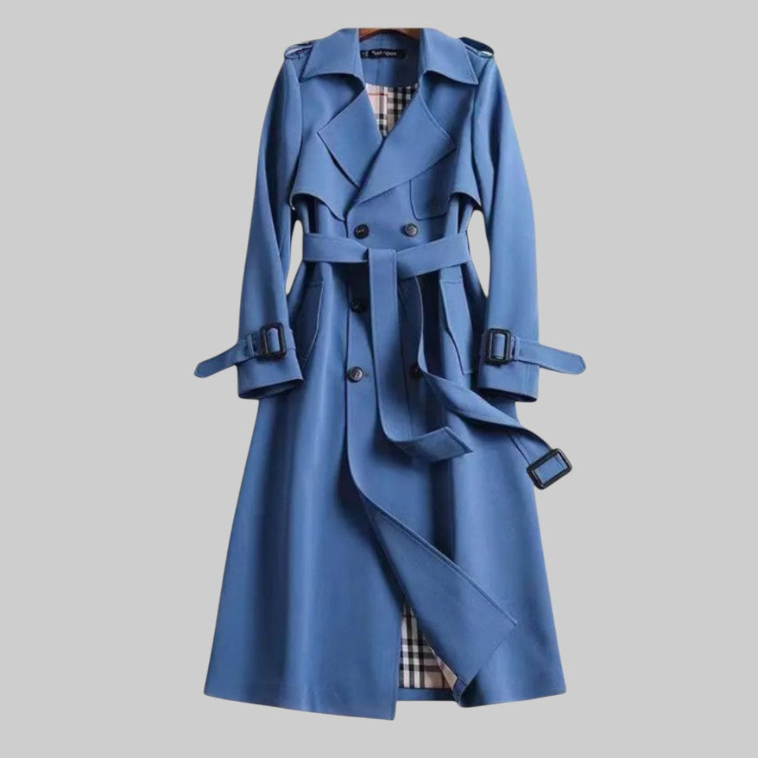 Women's Button Front Long Belted Waist Wide Lapels Double-Breasted Trench Coat