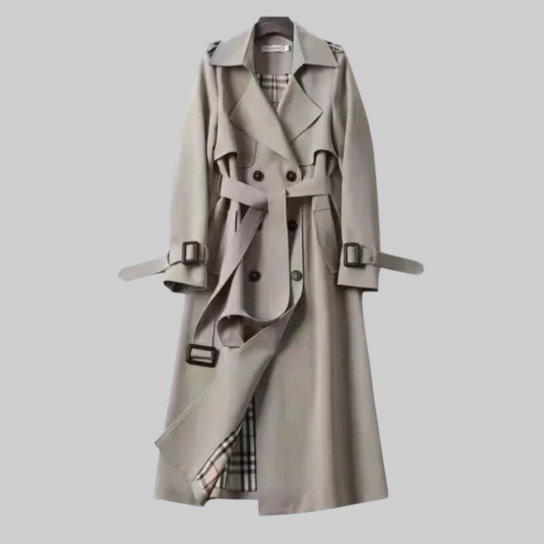 Women's Button Front Long Belted Waist Wide Lapels Double-Breasted Trench Coat