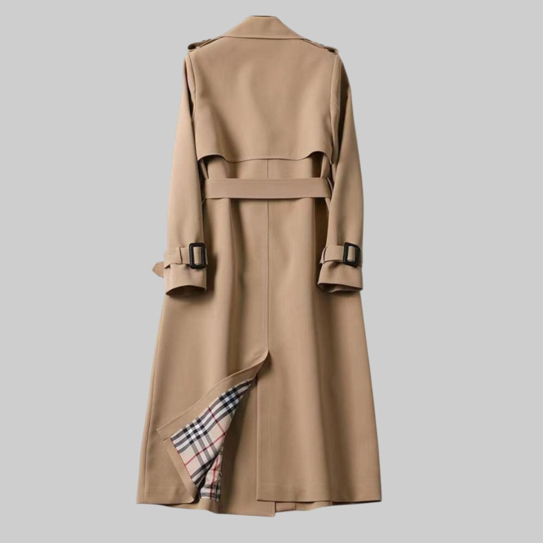 Women's Button Front Long Belted Waist Wide Lapels Double-Breasted Trench Coat