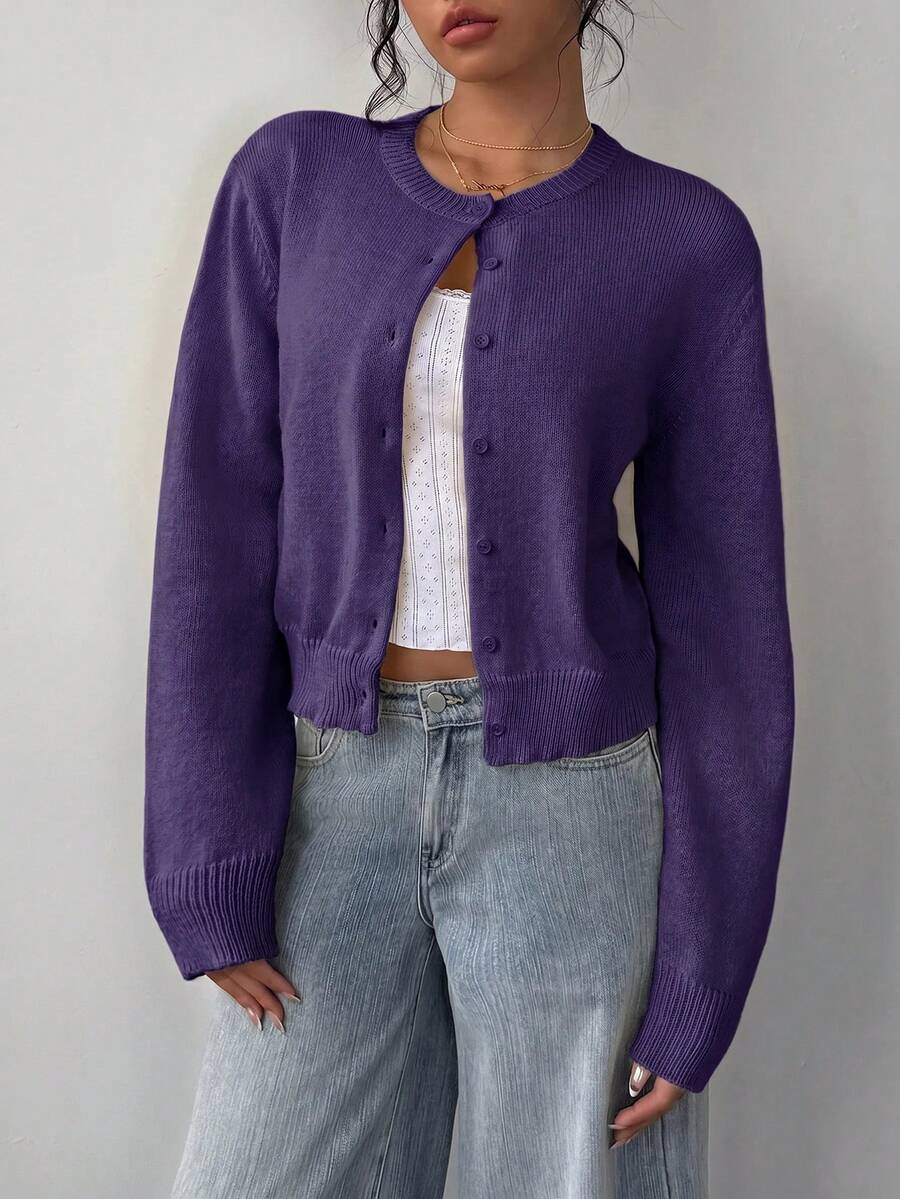Women's Button-Front Long-Sleeve Ribbed Knit Cardigan