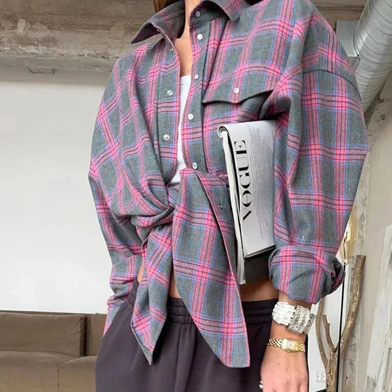 Women's Button Front Plaid Chest Pocket Long Sleeve Flannel Shirt