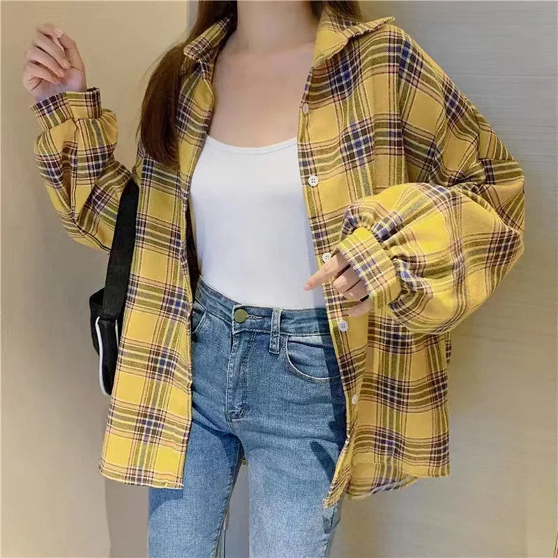 Women's Button Front Plaid Drop Shoulder Long Sleeve Flannel Shirt