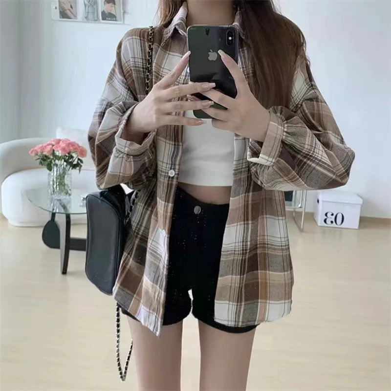Women's Button Front Plaid Drop Shoulder Long Sleeve Flannel Shirt