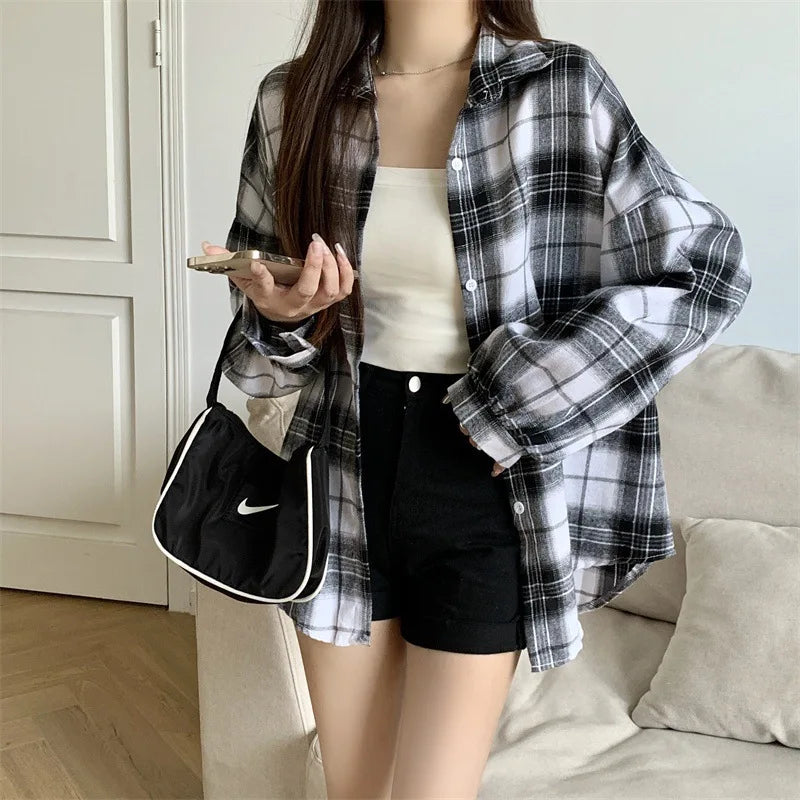 Women's Button Front Plaid Drop Shoulder Long Sleeve Flannel Shirt