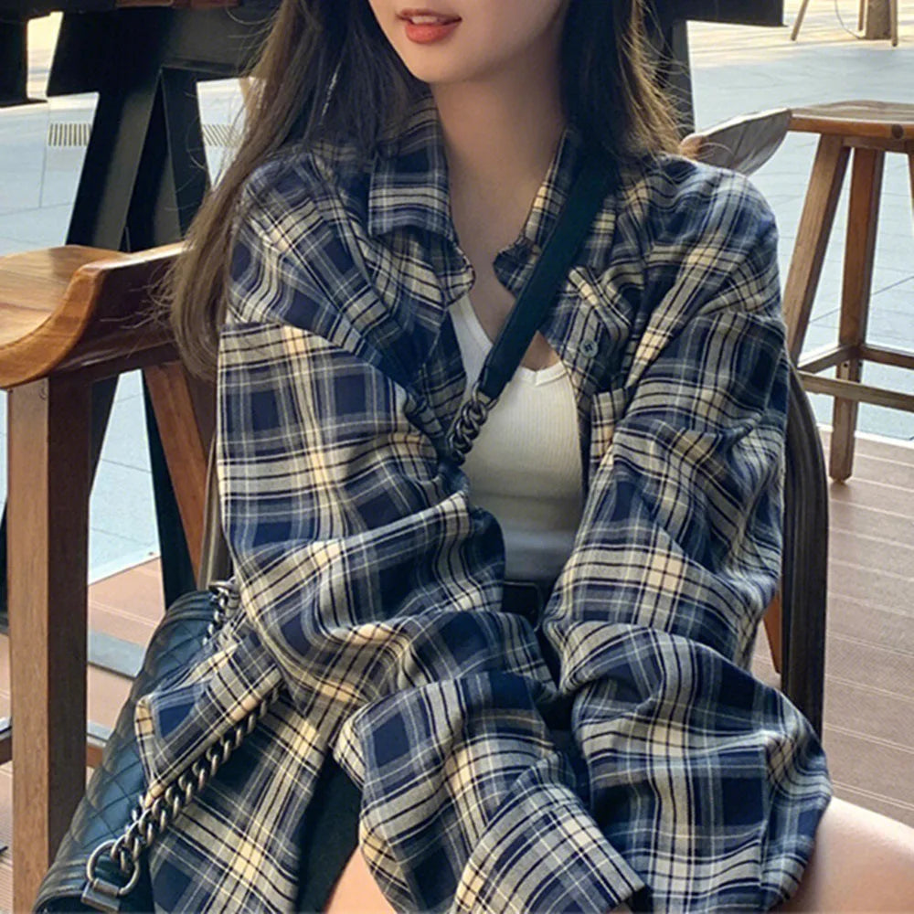 Women's Button Front Plaid Drop Shoulder Long Sleeve Flannel Shirt