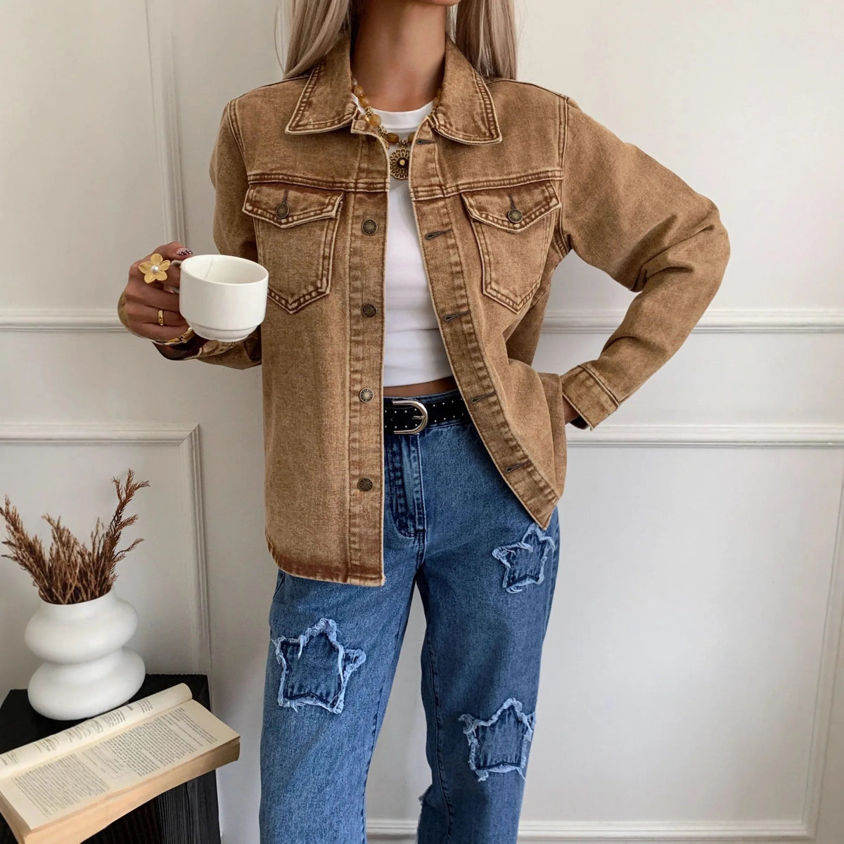 Women’s Button Front Single Breasted Denim Jacket