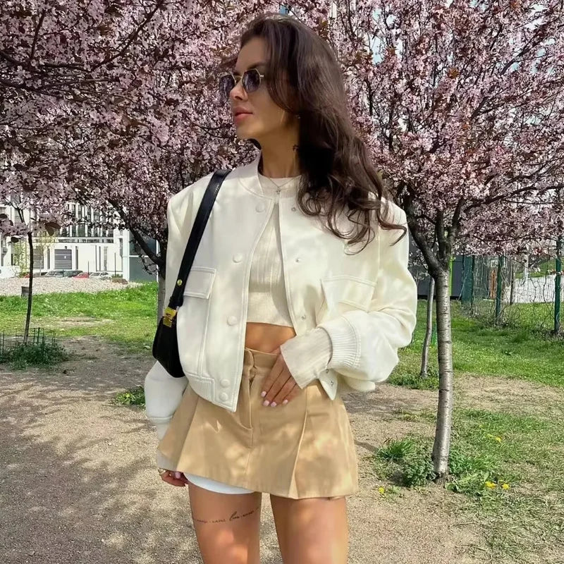 Women’s Button Front Stand Collar Cropped Bomber Jacket