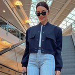 Women’s Button Front Stand Collar Cropped Bomber Jacket