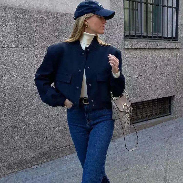 Women’s Button Front Stand Collar Cropped Bomber Jacket