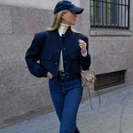 Women’s Button Front Stand Collar Cropped Bomber Jacket